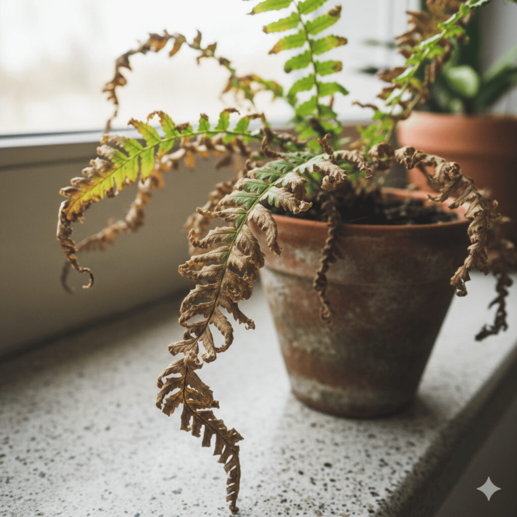 Samambaia com folhas queimadas, ressecadas